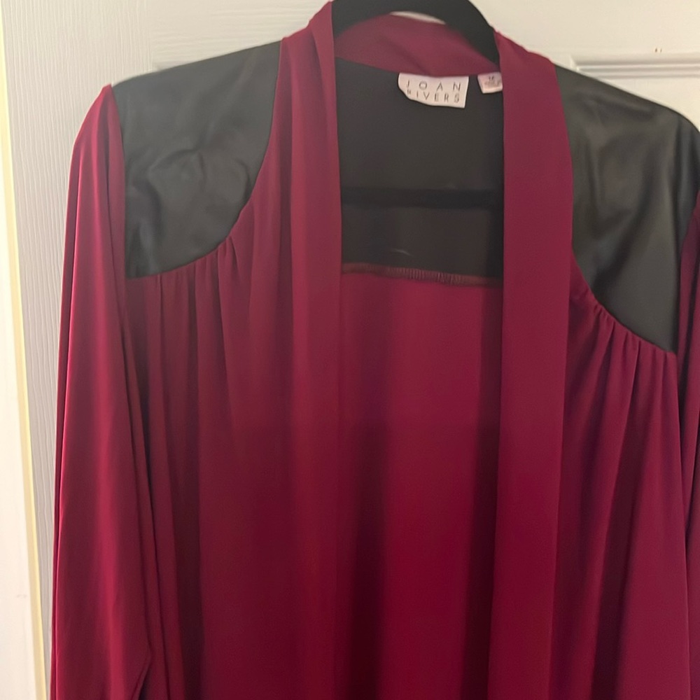 Joan Rivers Wine& Black Faux Leather Open Front Duster